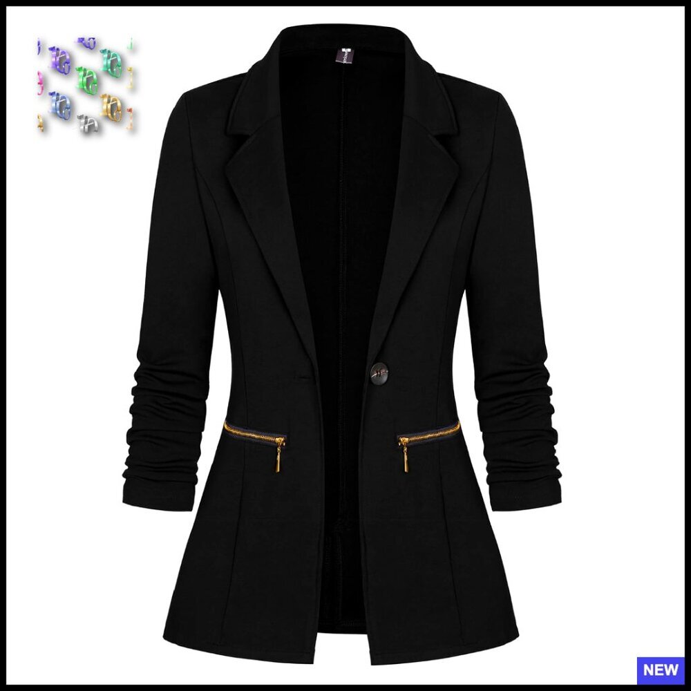 Long Sleeve Blazer Cardigan Jacket Slim Fit Zipper Pockets Office Casual